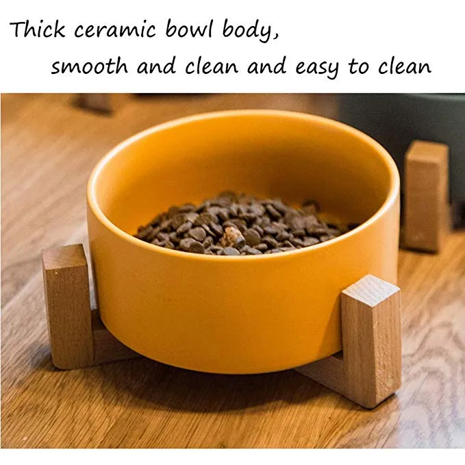Large Capacity Pet Ceramic Feeding Bowl with Wood Frame for Cat Dog Food Yellow