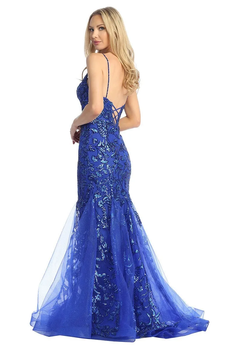 LF 7888 Sequin Embellished Fit & Flare Prom Gown with Sheer V-Neck Bodice & Lace Up Back