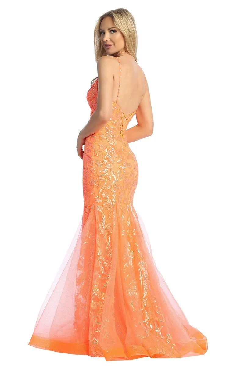 LF 7888 Sequin Embellished Fit & Flare Prom Gown with Sheer V-Neck Bodice & Lace Up Back