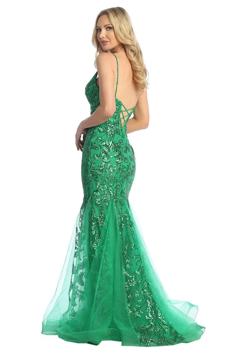 LF 7888 Sequin Embellished Fit & Flare Prom Gown with Sheer V-Neck Bodice & Lace Up Back