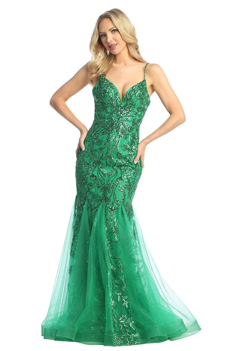 LF 7888 Sequin Embellished Fit & Flare Prom Gown with Sheer V-Neck Bodice & Lace Up Back