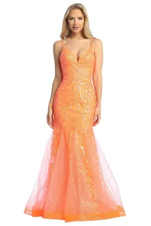 LF 7888 Sequin Embellished Fit & Flare Prom Gown with Sheer V-Neck Bodice & Lace Up Back