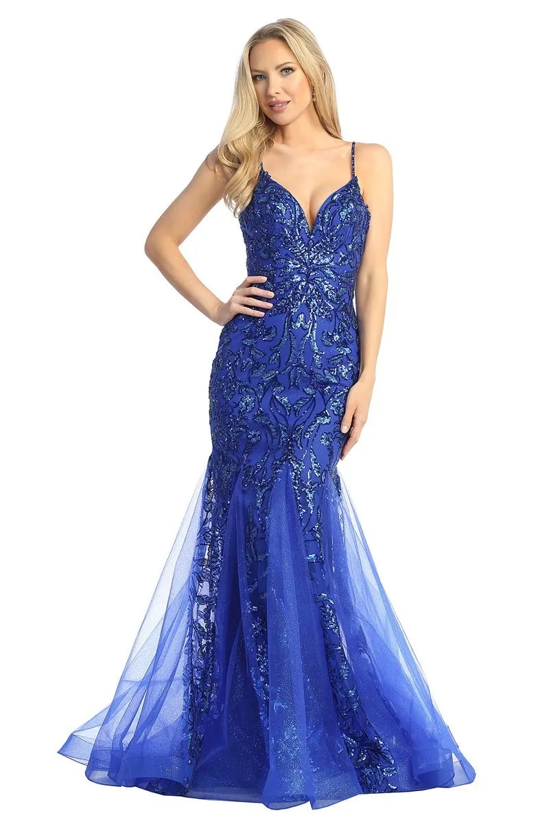 LF 7888 Sequin Embellished Fit & Flare Prom Gown with Sheer V-Neck Bodice & Lace Up Back