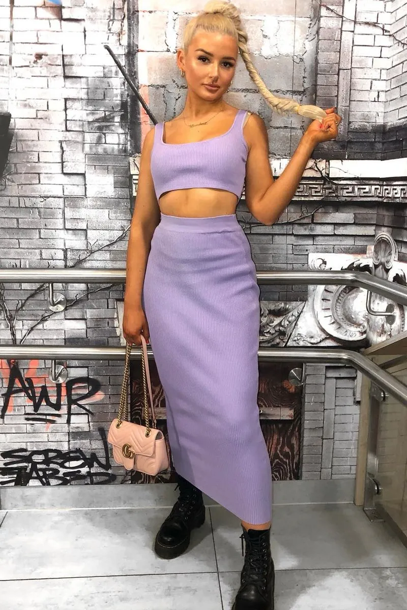 Lilac Rib Knit Crop Top Midi Skirt Co-Ord - Larissa
