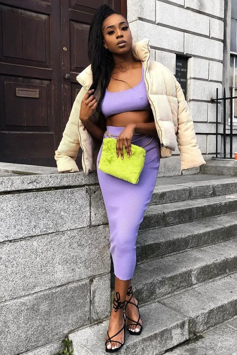 Lilac Rib Knit Crop Top Midi Skirt Co-Ord - Larissa