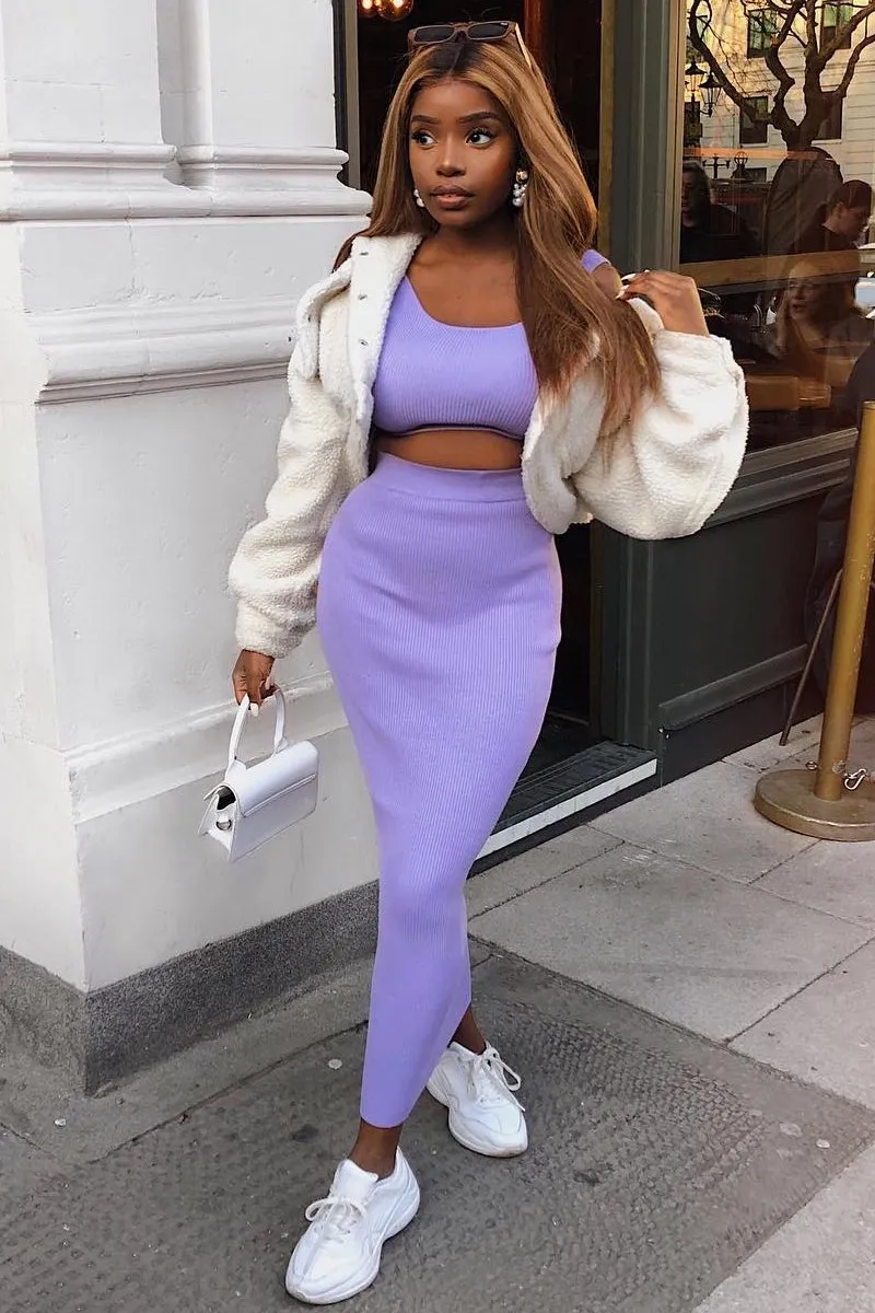 Lilac Rib Knit Crop Top Midi Skirt Co-Ord - Larissa