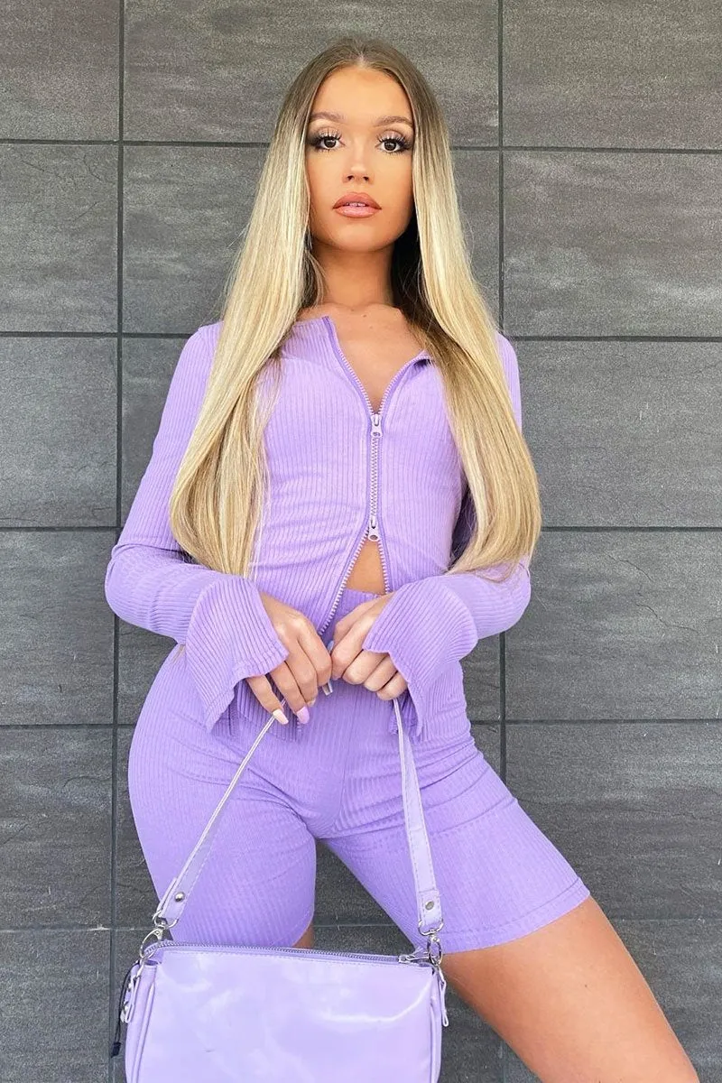 Lilac Ribbed Double Zip Top Cycling Short Co-ord - Jamia