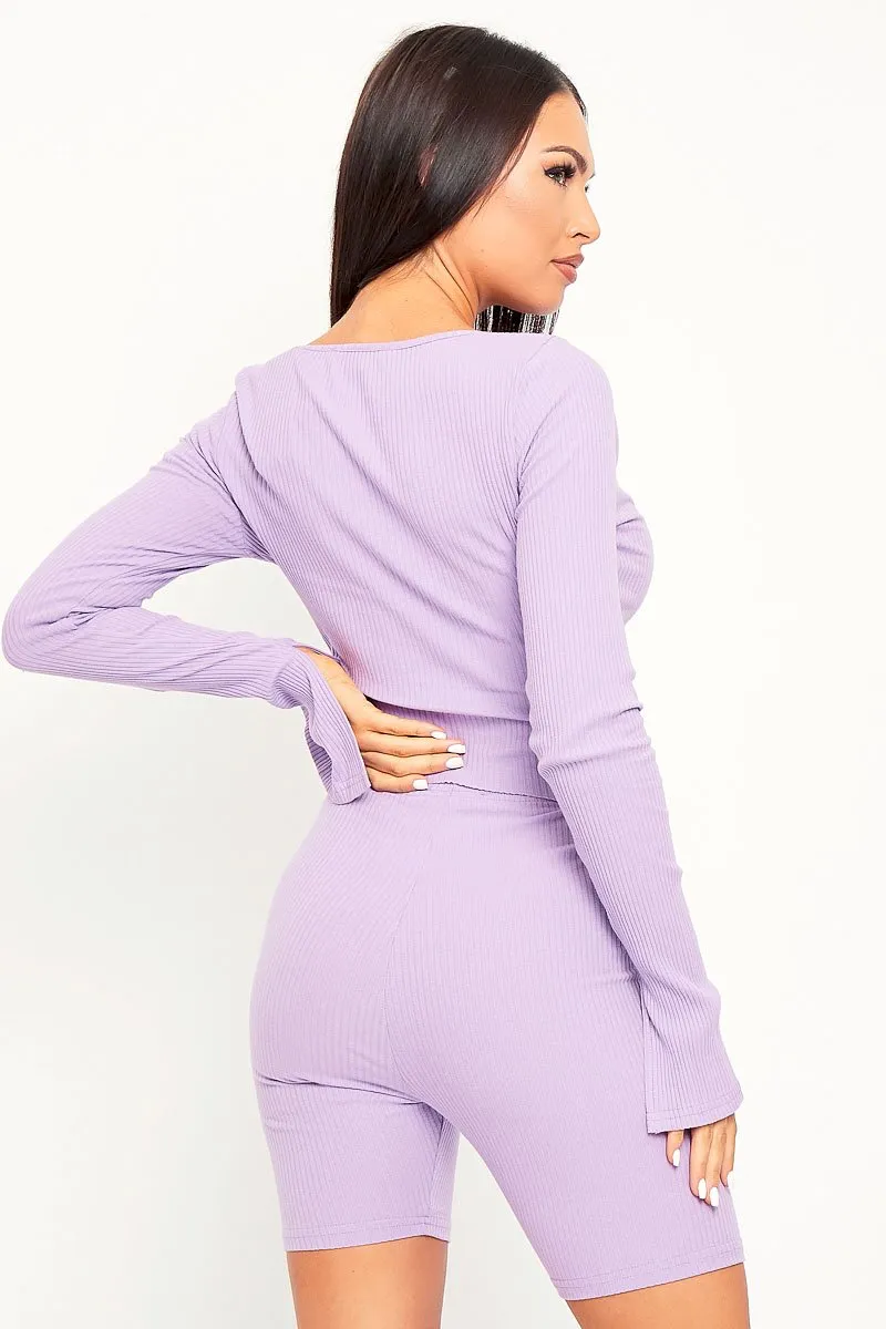 Lilac Ribbed Double Zip Top Cycling Short Co-ord - Jamia