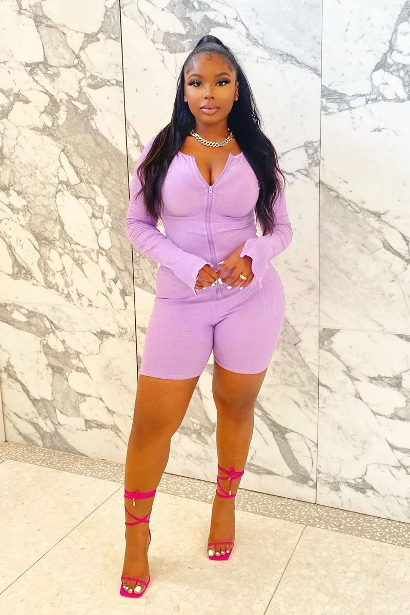 Lilac Ribbed Double Zip Top Cycling Short Co-ord - Jamia