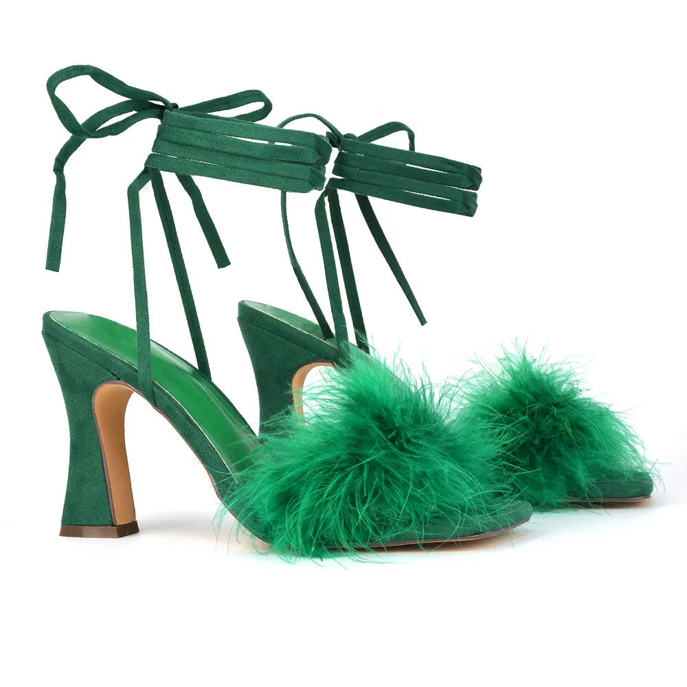 Lovelyn Fluffy Faux Fur Strappy Block Heel Lace Up Sandals in Blue Faux Suede