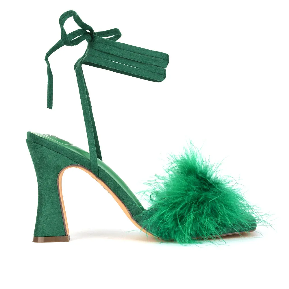 Lovelyn Fluffy Faux Fur Strappy Block Heel Lace Up Sandals in Blue Faux Suede
