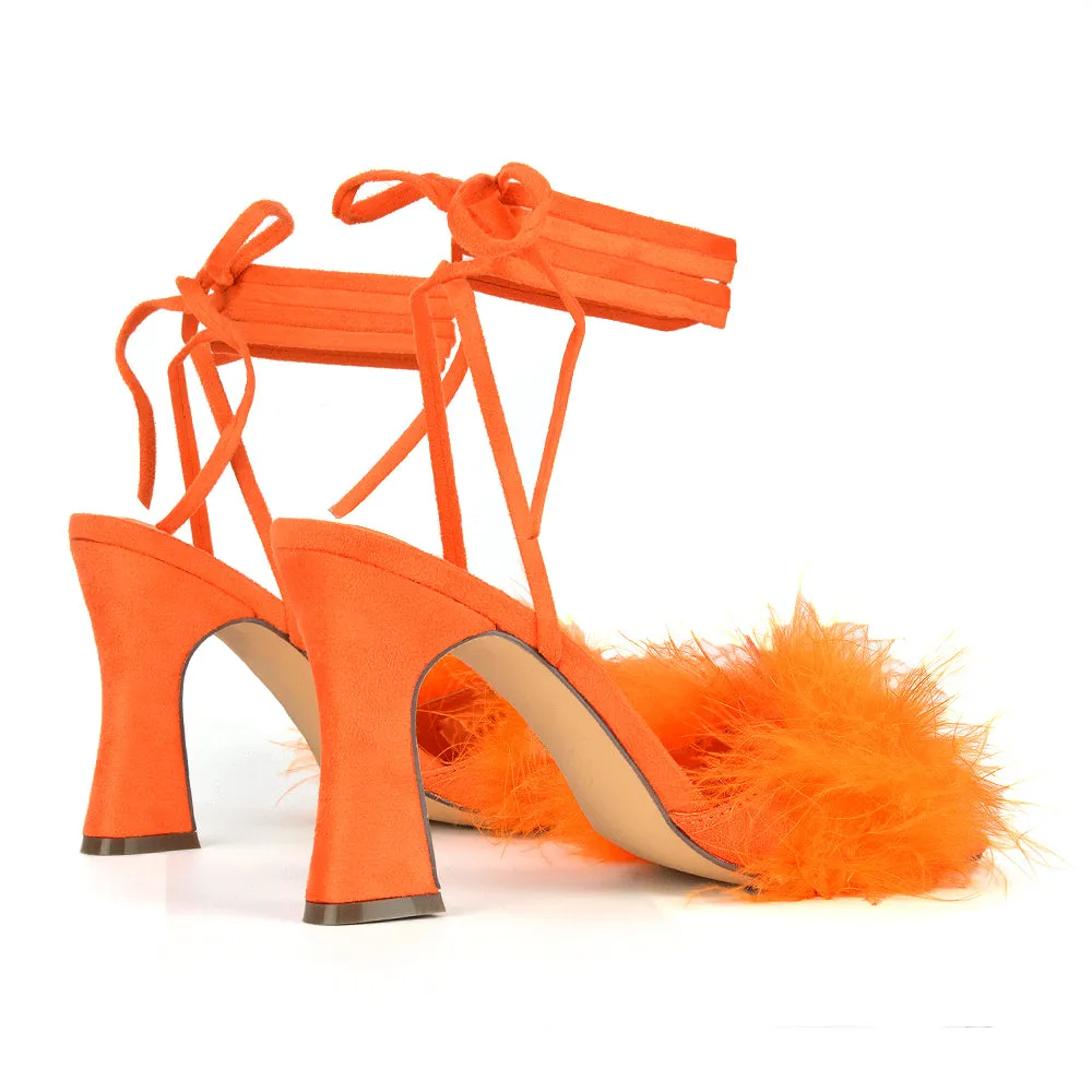 Lovelyn Fluffy Faux Fur Strappy Block Heel Lace Up Sandals in Blue Faux Suede