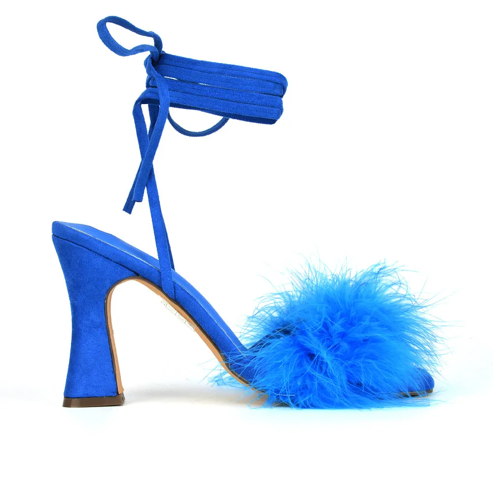 Lovelyn Fluffy Faux Fur Strappy Block Heel Lace Up Sandals in Blue Faux Suede