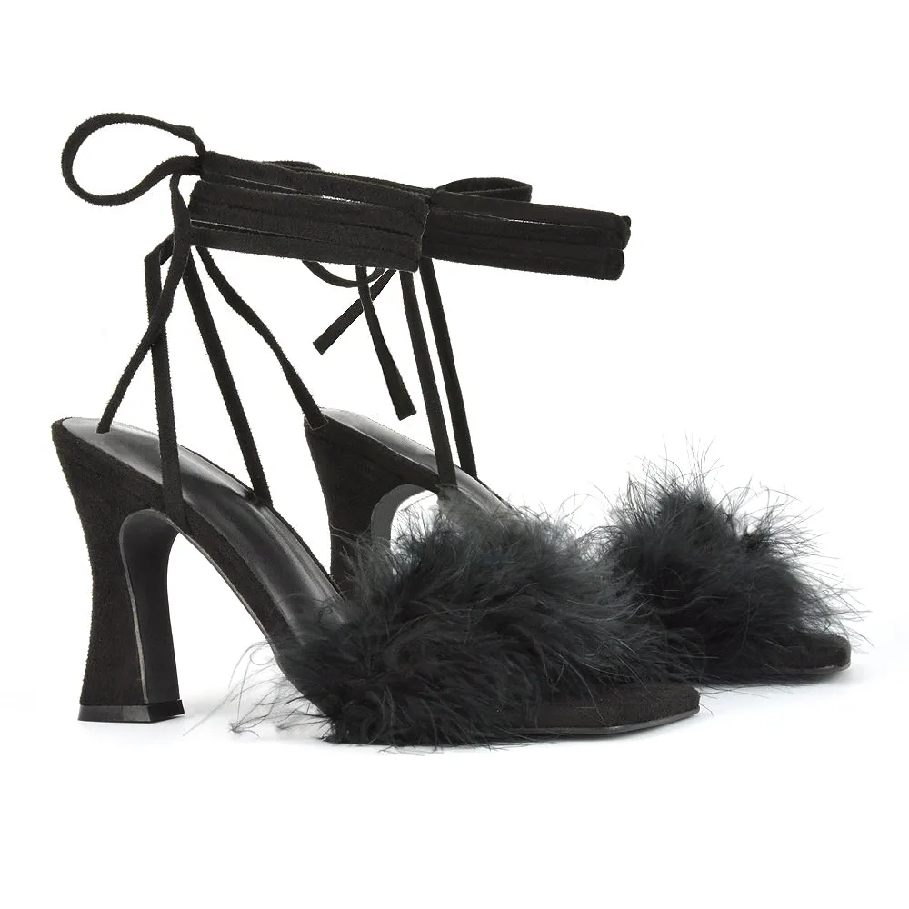 Lovelyn Fluffy Faux Fur Strappy Block Heel Lace Up Sandals in Blue Faux Suede