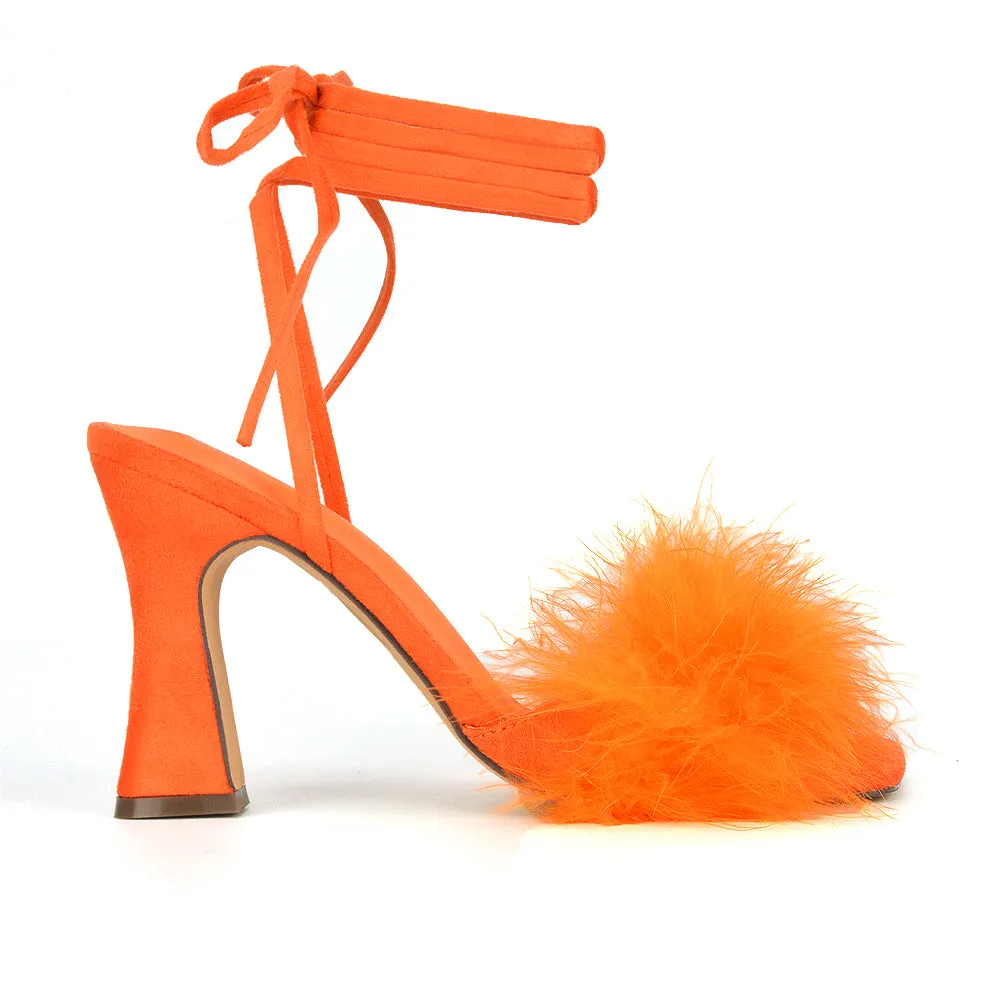 Lovelyn Fluffy Faux Fur Strappy Block Heel Lace Up Sandals in Blue Faux Suede