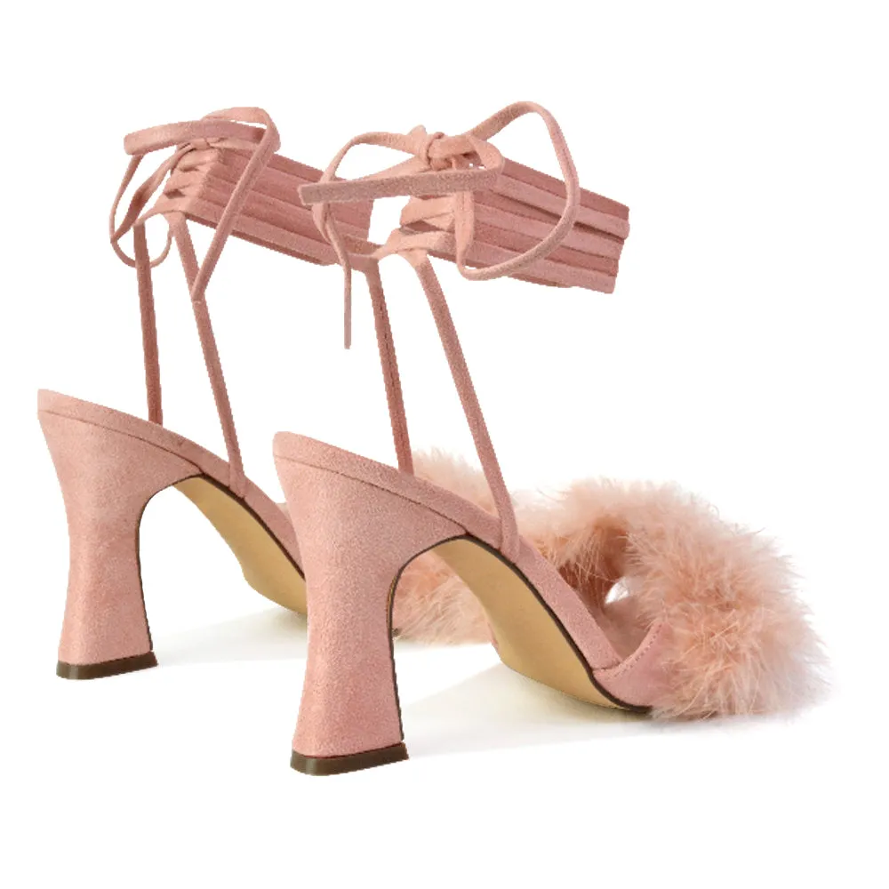 Lovelyn Fluffy Faux Fur Strappy Block Heel Lace Up Sandals in Blue Faux Suede