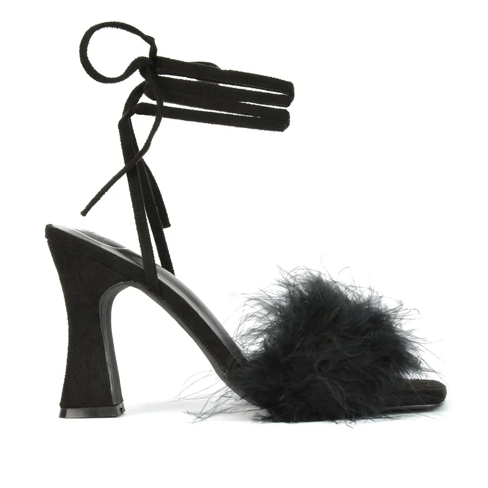 Lovelyn Fluffy Faux Fur Strappy Block Heel Lace Up Sandals in Blue Faux Suede
