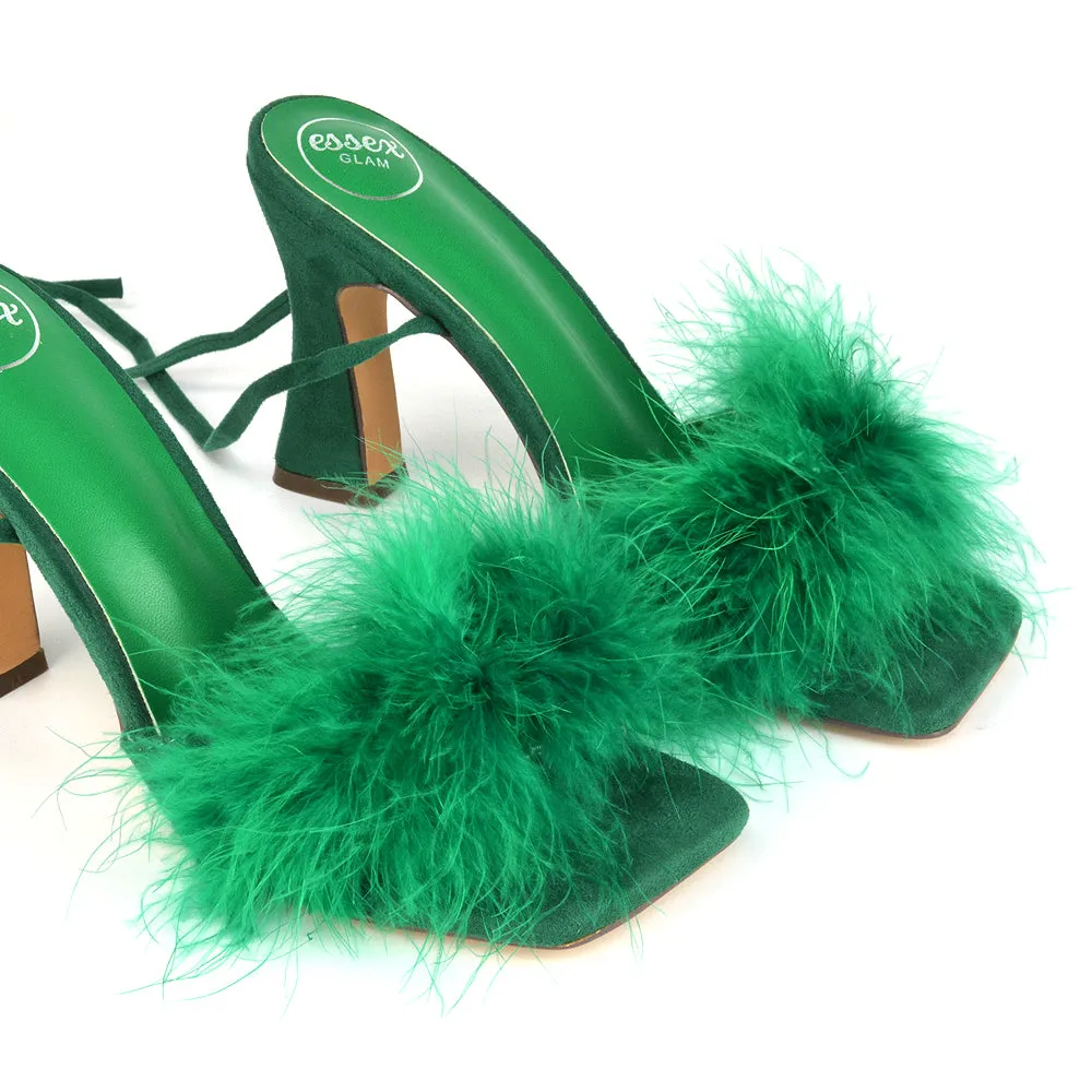 Lovelyn Fluffy Faux Fur Strappy Block Heel Lace Up Sandals in Blue Faux Suede
