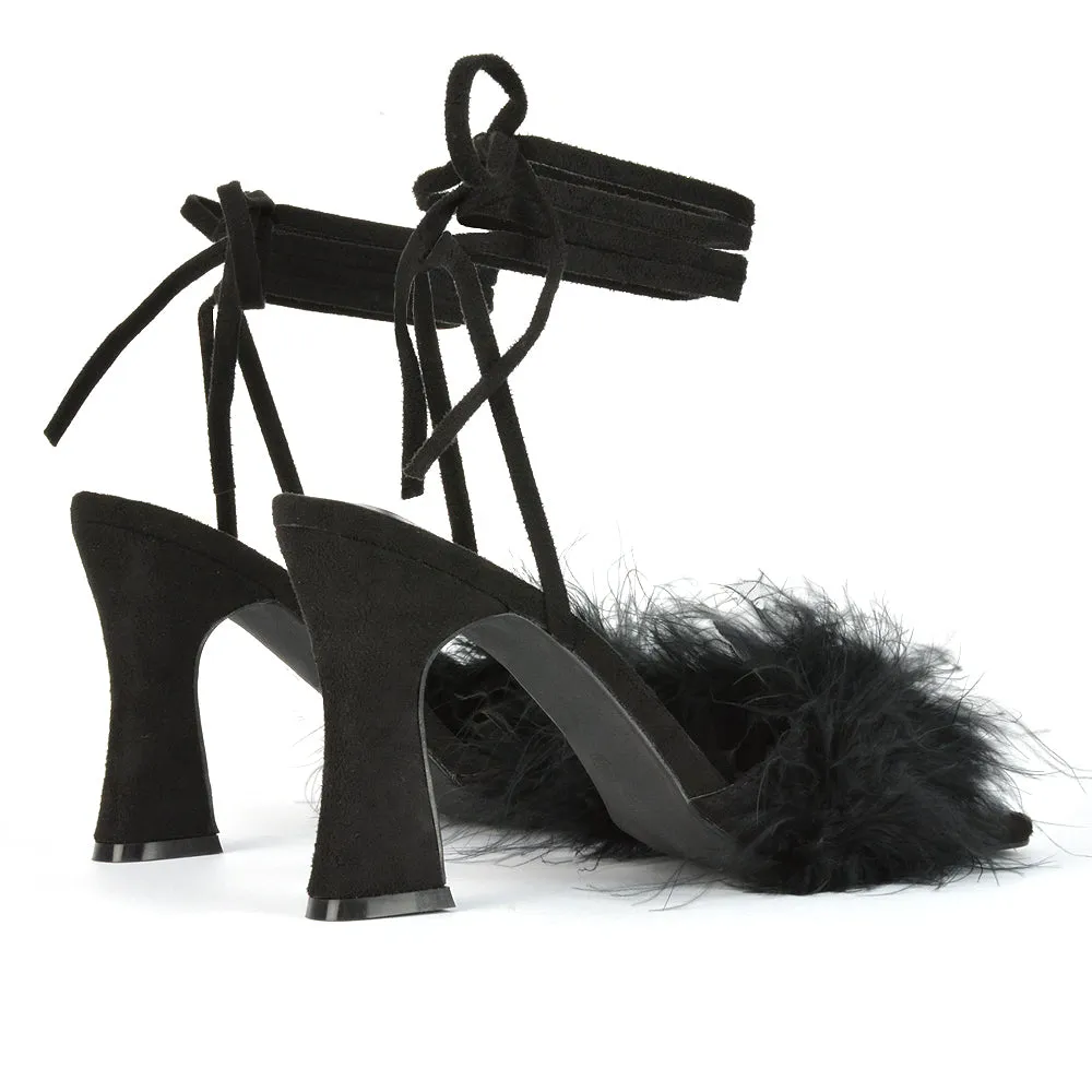 Lovelyn Fluffy Faux Fur Strappy Block Heel Lace Up Sandals in Blue Faux Suede
