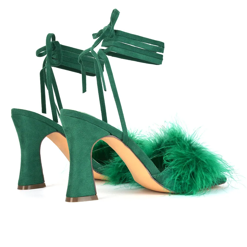 Lovelyn Fluffy Faux Fur Strappy Block Heel Lace Up Sandals in Blue Faux Suede