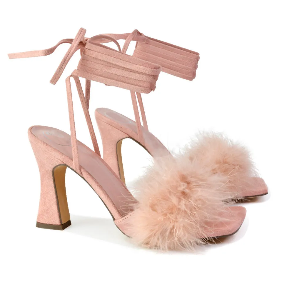 Lovelyn Fluffy Faux Fur Strappy Block Heel Lace Up Sandals in Blue Faux Suede