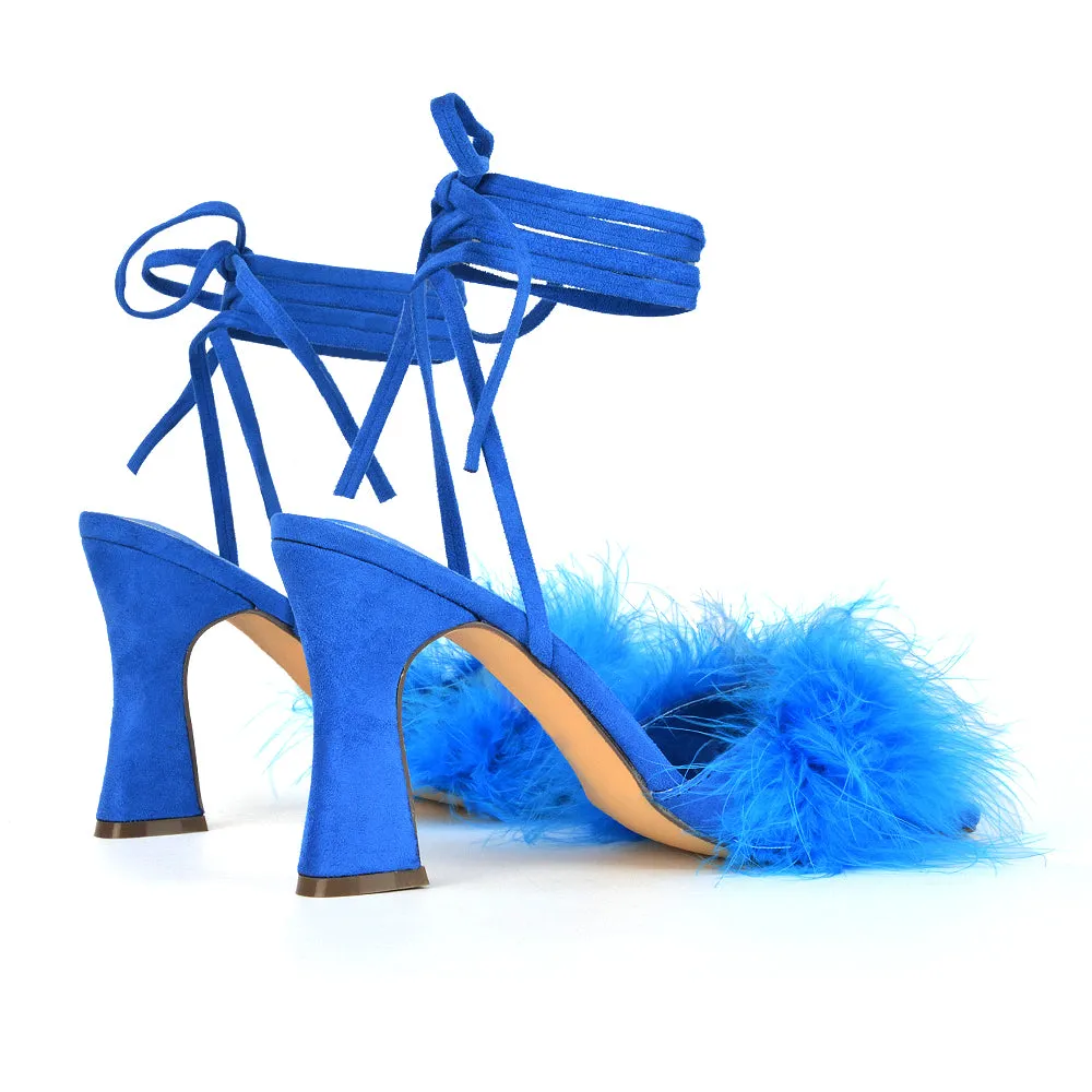 Lovelyn Fluffy Faux Fur Strappy Block Heel Lace Up Sandals in Blue Faux Suede