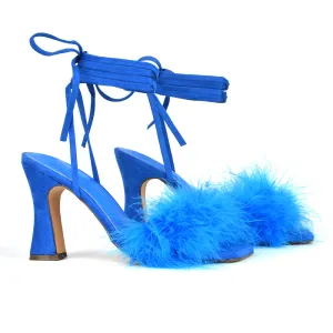Lovelyn Fluffy Faux Fur Strappy Block Heel Lace Up Sandals in Blue Faux Suede