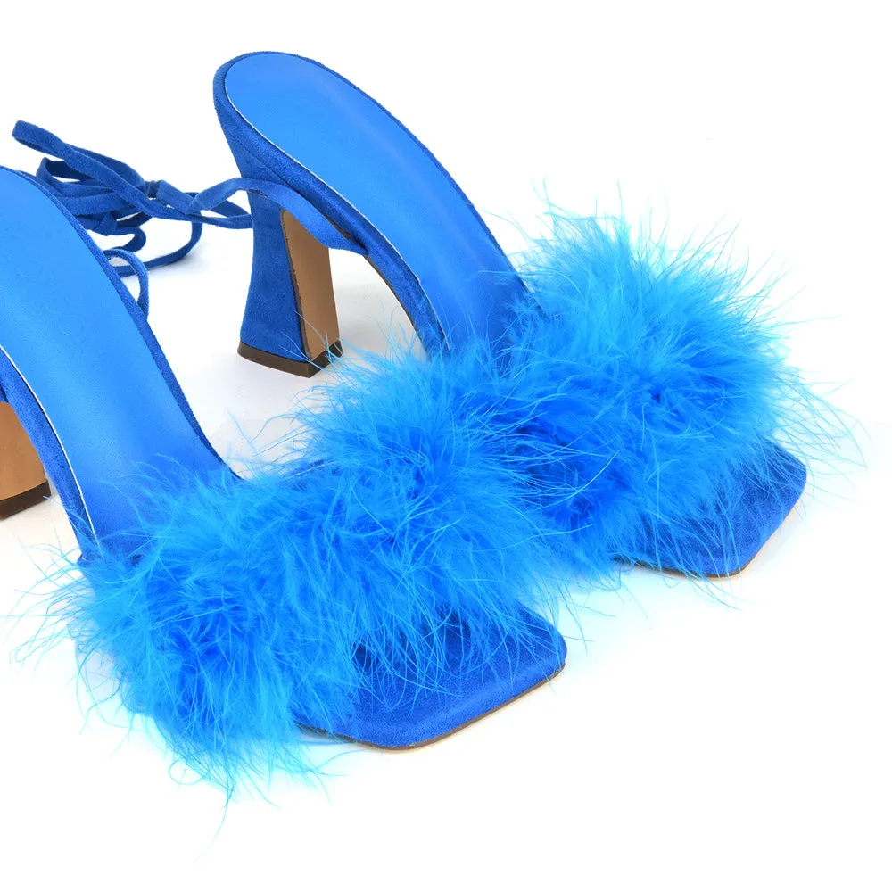 Lovelyn Fluffy Faux Fur Strappy Block Heel Lace Up Sandals in Blue Faux Suede