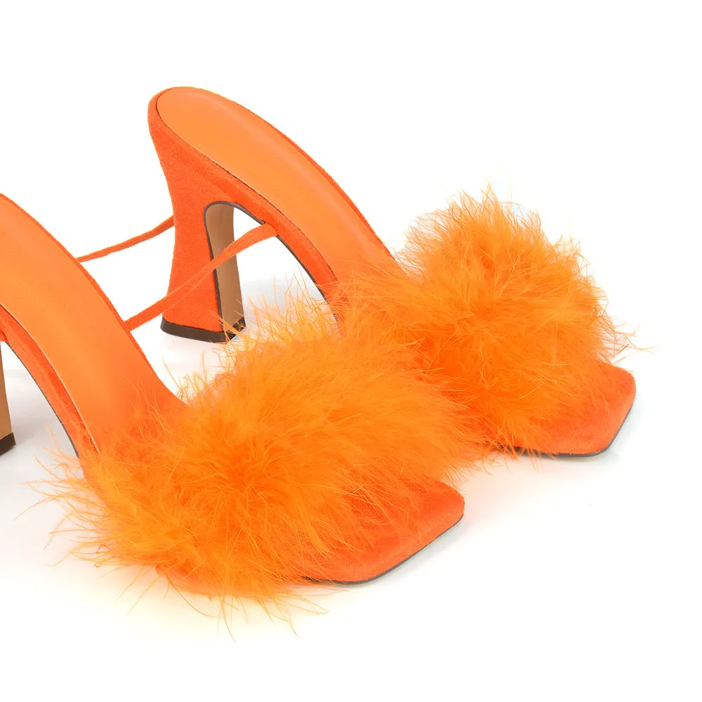 Lovelyn Fluffy Faux Fur Strappy Block Heel Lace Up Sandals in Blue Faux Suede