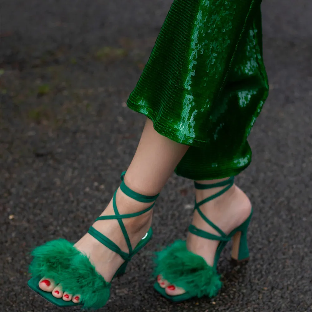 Lovelyn Fluffy Faux Fur Strappy Block Heel Lace Up Sandals in Green Faux Suede