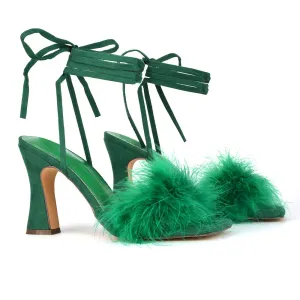 Lovelyn Fluffy Faux Fur Strappy Block Heel Lace Up Sandals in Green Faux Suede