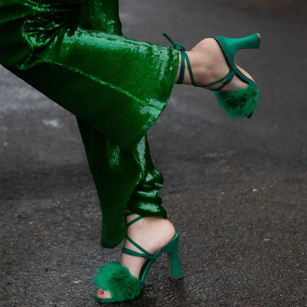 Lovelyn Fluffy Faux Fur Strappy Block Heel Lace Up Sandals in Green Faux Suede
