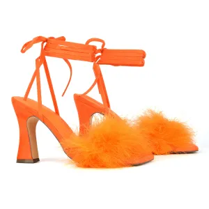 Lovelyn Fluffy Faux Fur Strappy Block Heel Lace Up Sandals in Orange Faux Suede