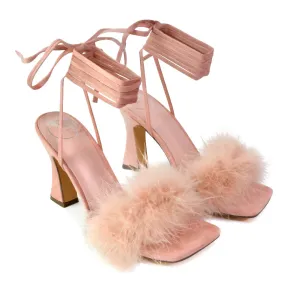 Lovelyn Fluffy Faux Fur Strappy Block Heel Lace Up Sandals in Pink Faux Suede