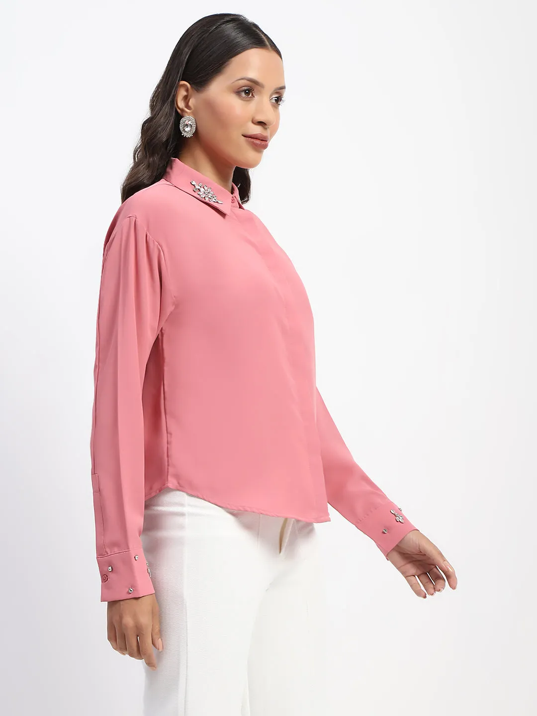 Madame Collar And Sleeve Embellished Dusty Pink Shirt
