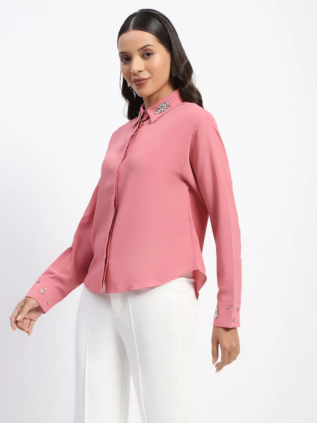 Madame Collar And Sleeve Embellished Dusty Pink Shirt