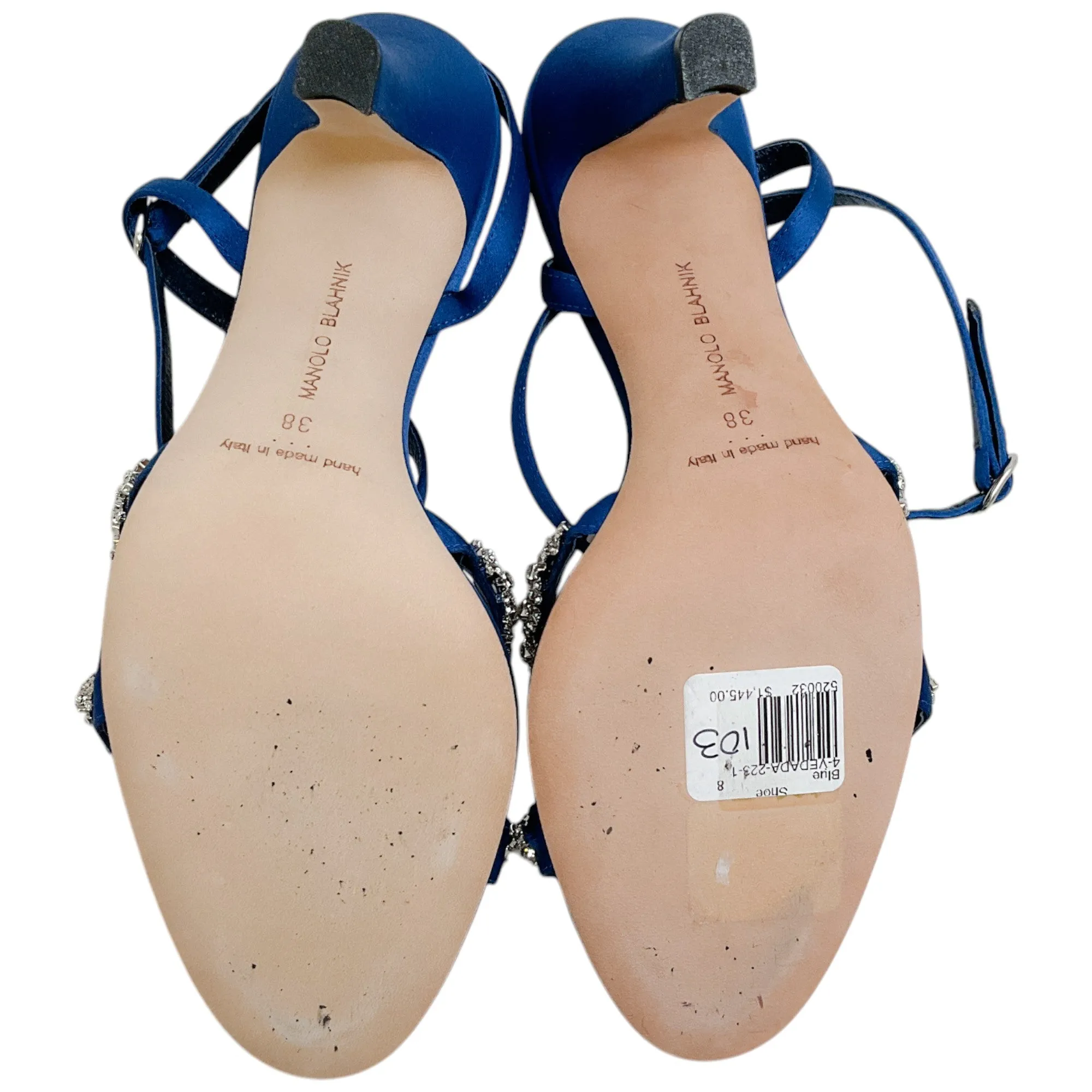 Manolo Blahnik Blue Satin Crystal Embellished Vedada Sandals