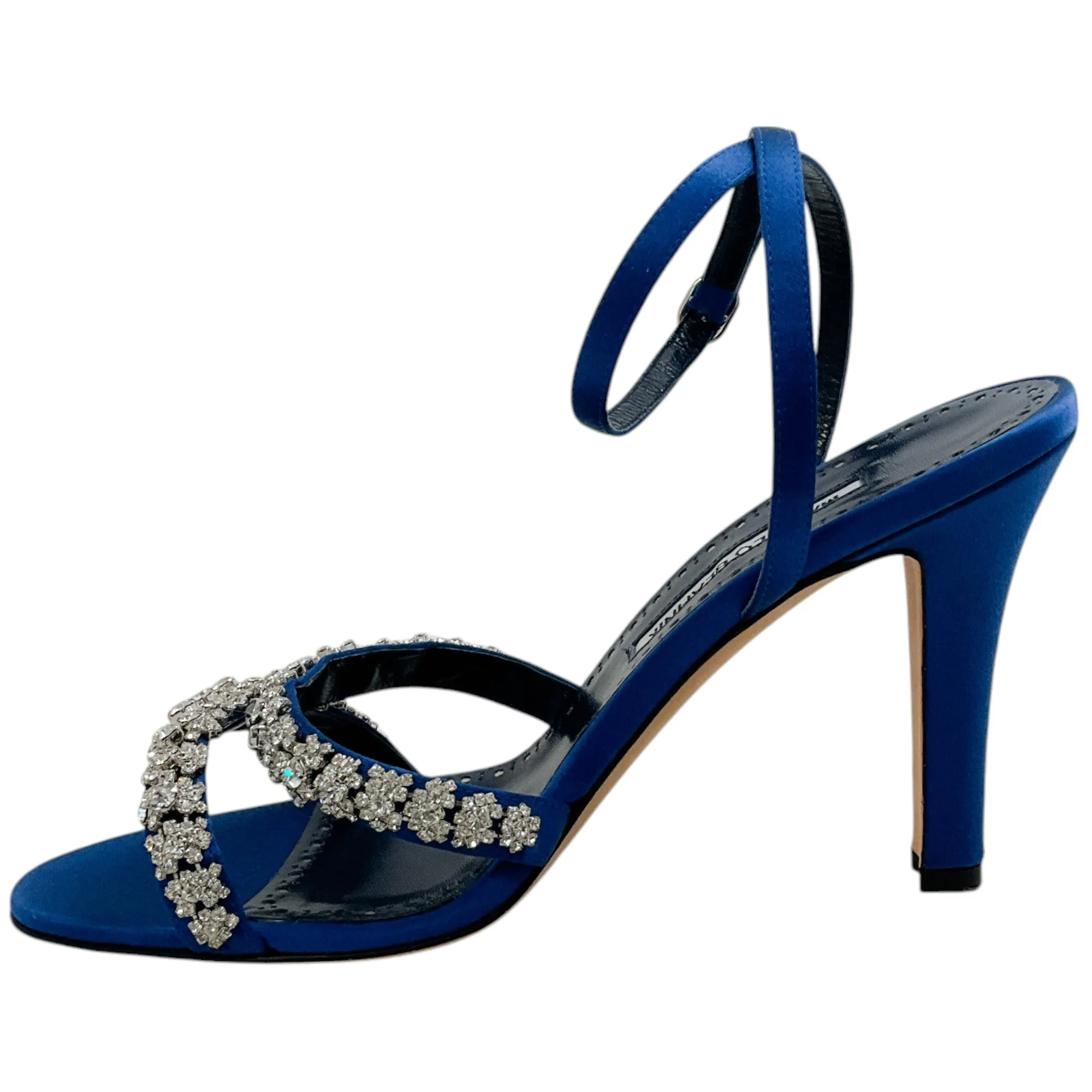 Manolo Blahnik Blue Satin Crystal Embellished Vedada Sandals