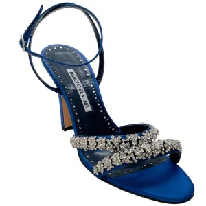 Manolo Blahnik Blue Satin Crystal Embellished Vedada Sandals