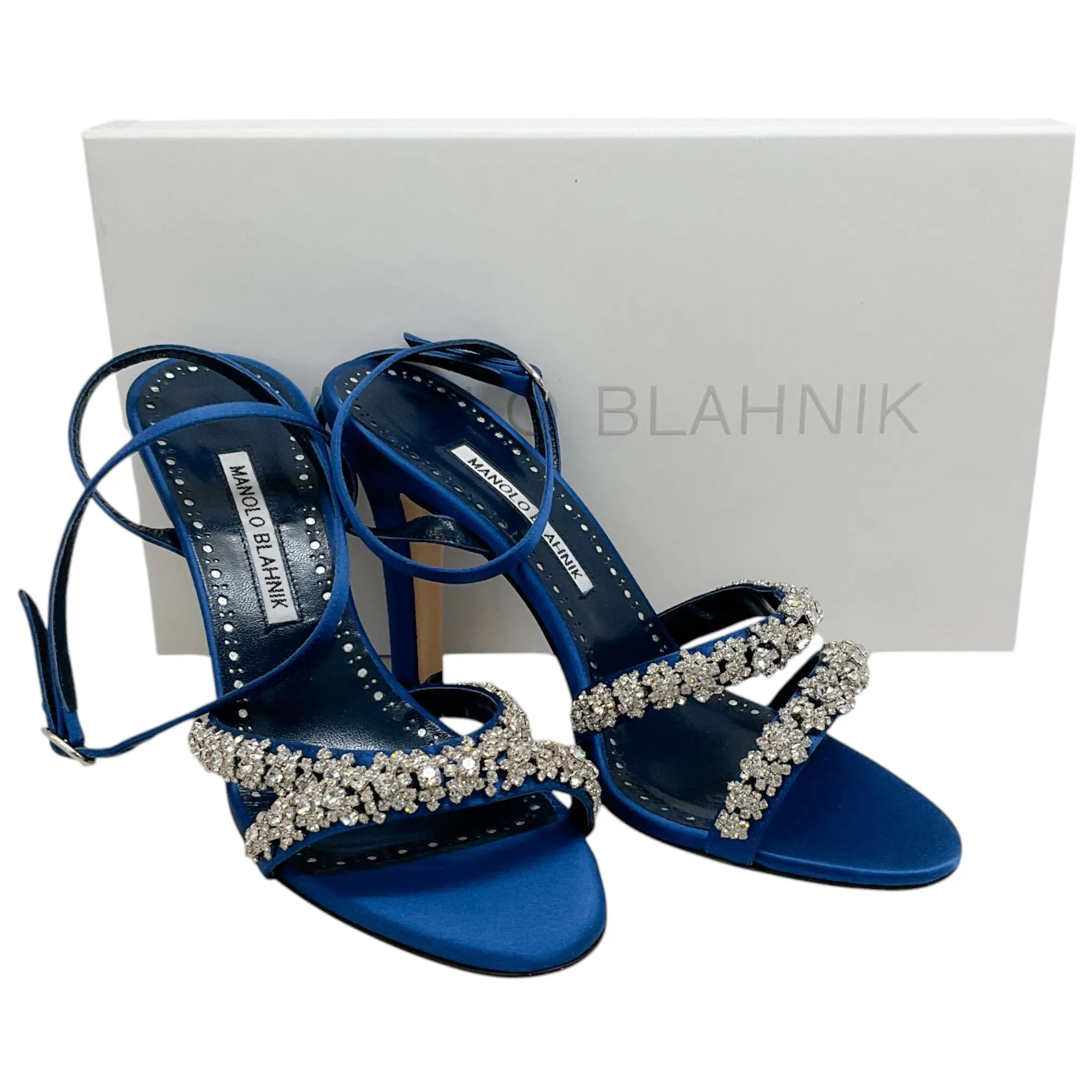 Manolo Blahnik Blue Satin Crystal Embellished Vedada Sandals