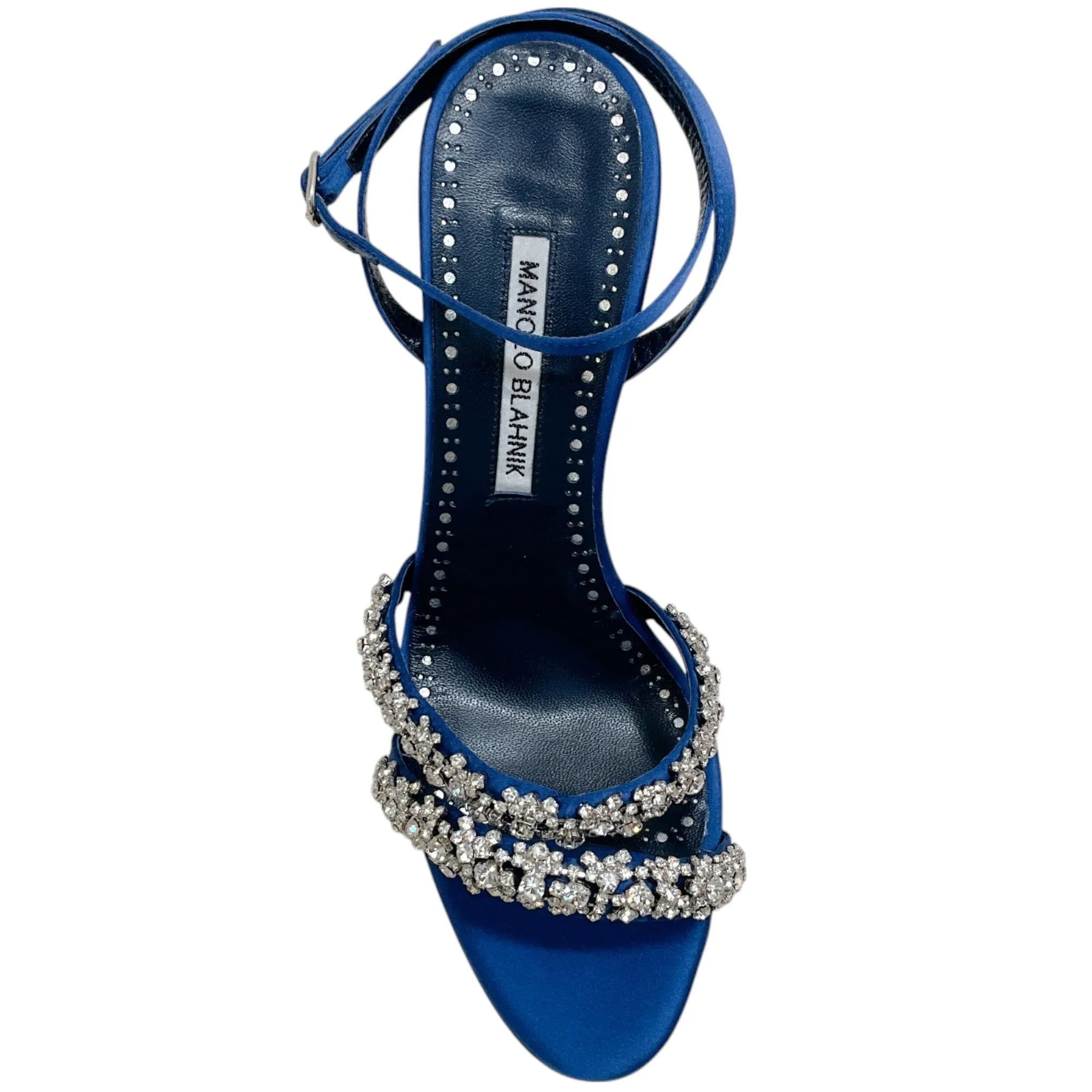 Manolo Blahnik Blue Satin Crystal Embellished Vedada Sandals