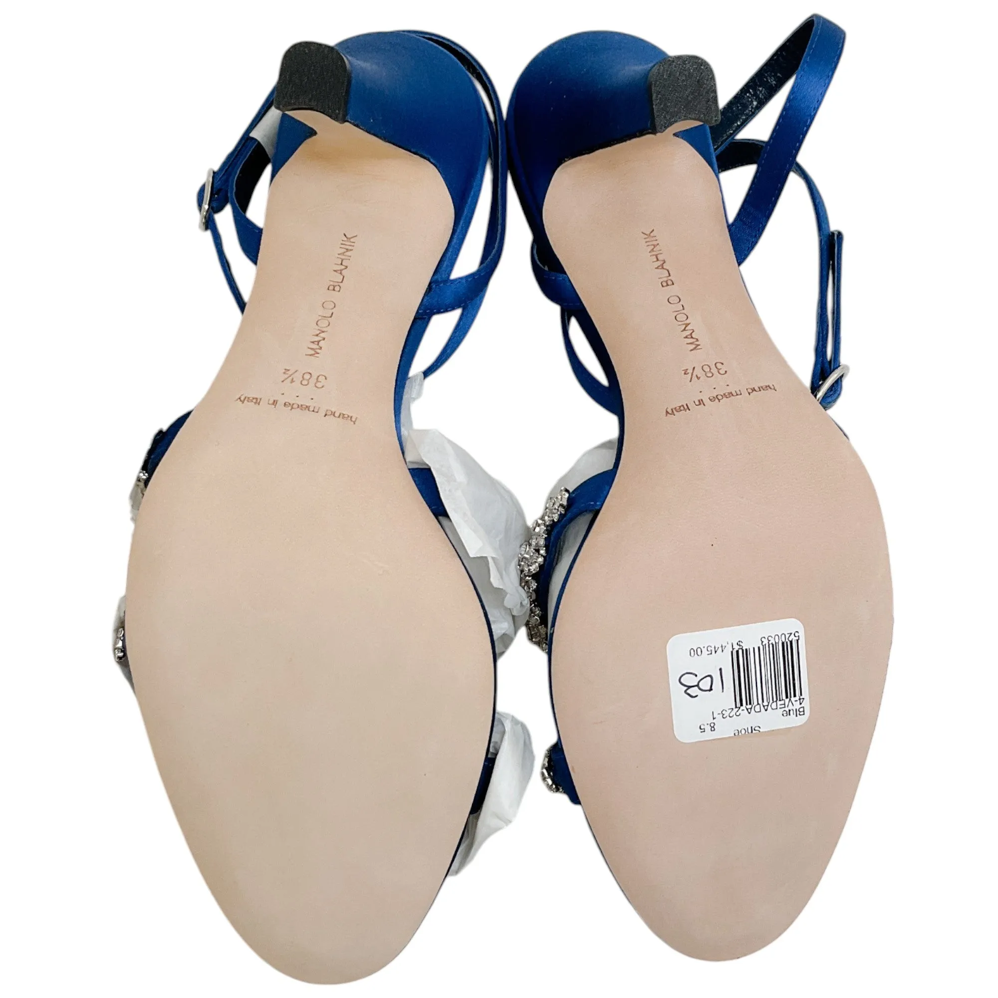 Manolo Blahnik Blue Satin Crystal Embellished Vedada Sandals