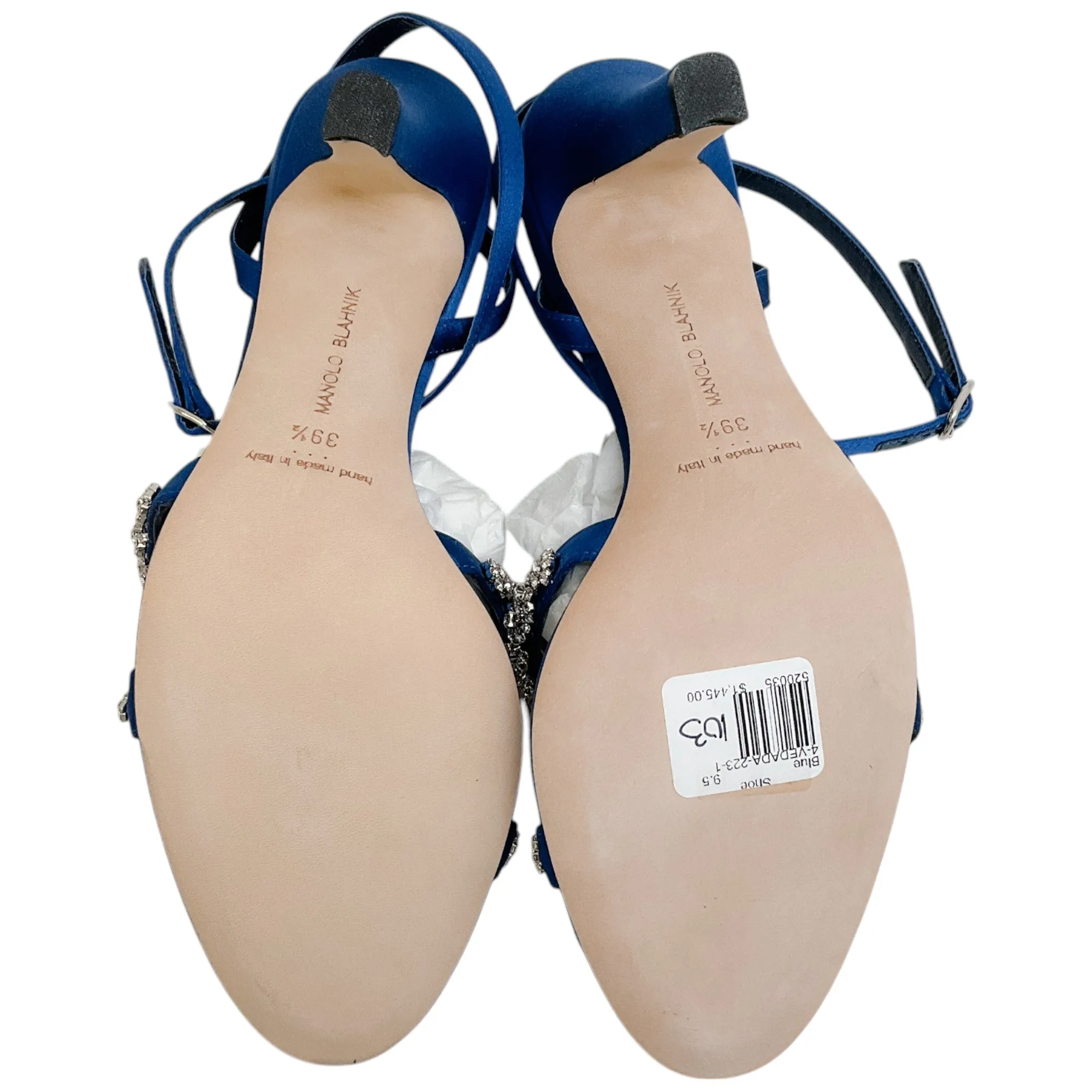 Manolo Blahnik Blue Satin Crystal Embellished Vedada Sandals