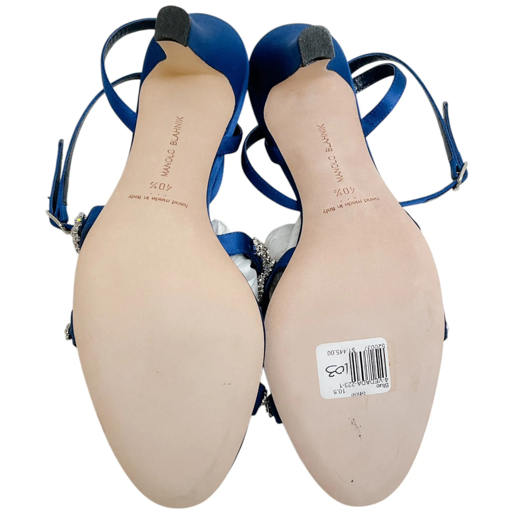 Manolo Blahnik Blue Satin Crystal Embellished Vedada Sandals