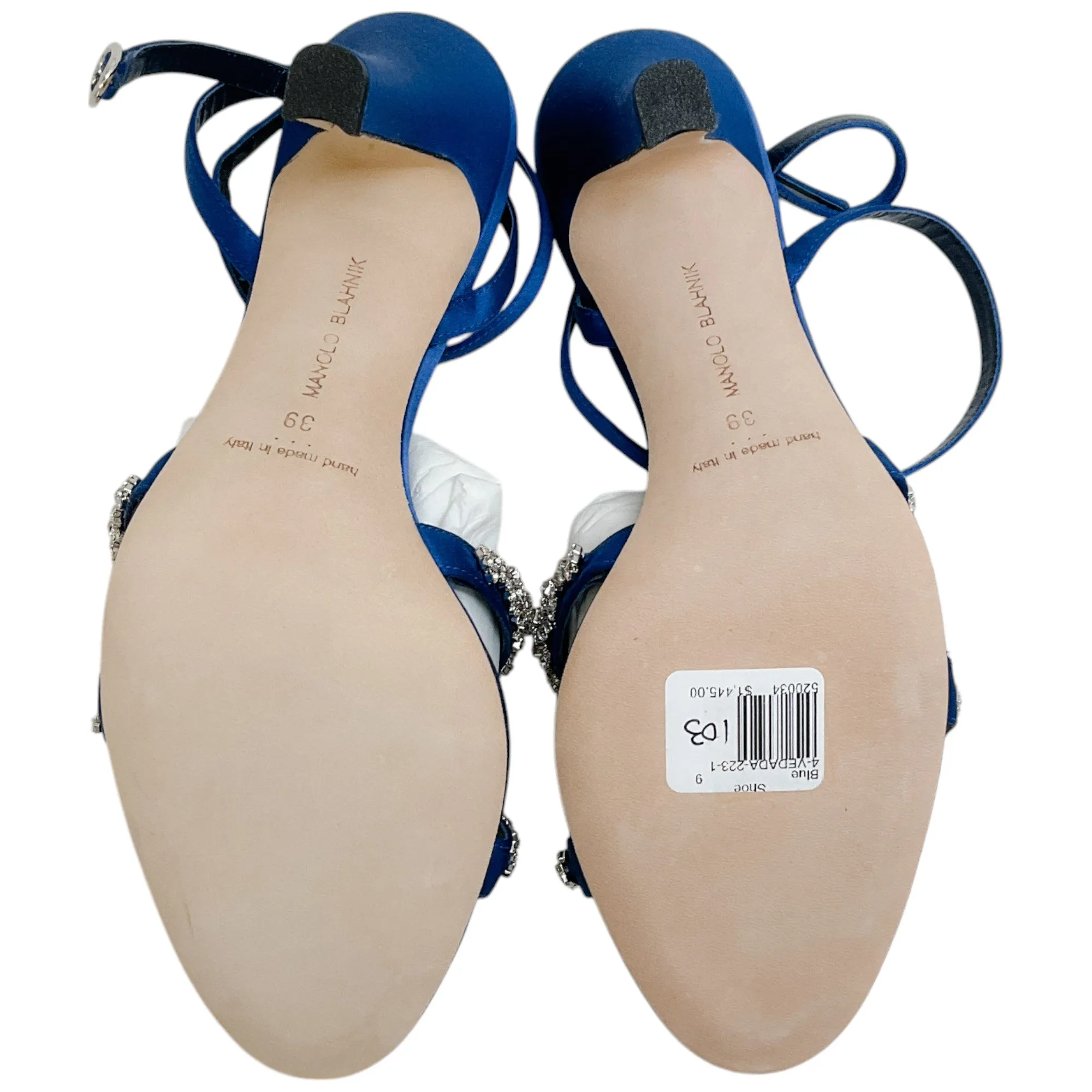 Manolo Blahnik Blue Satin Crystal Embellished Vedada Sandals
