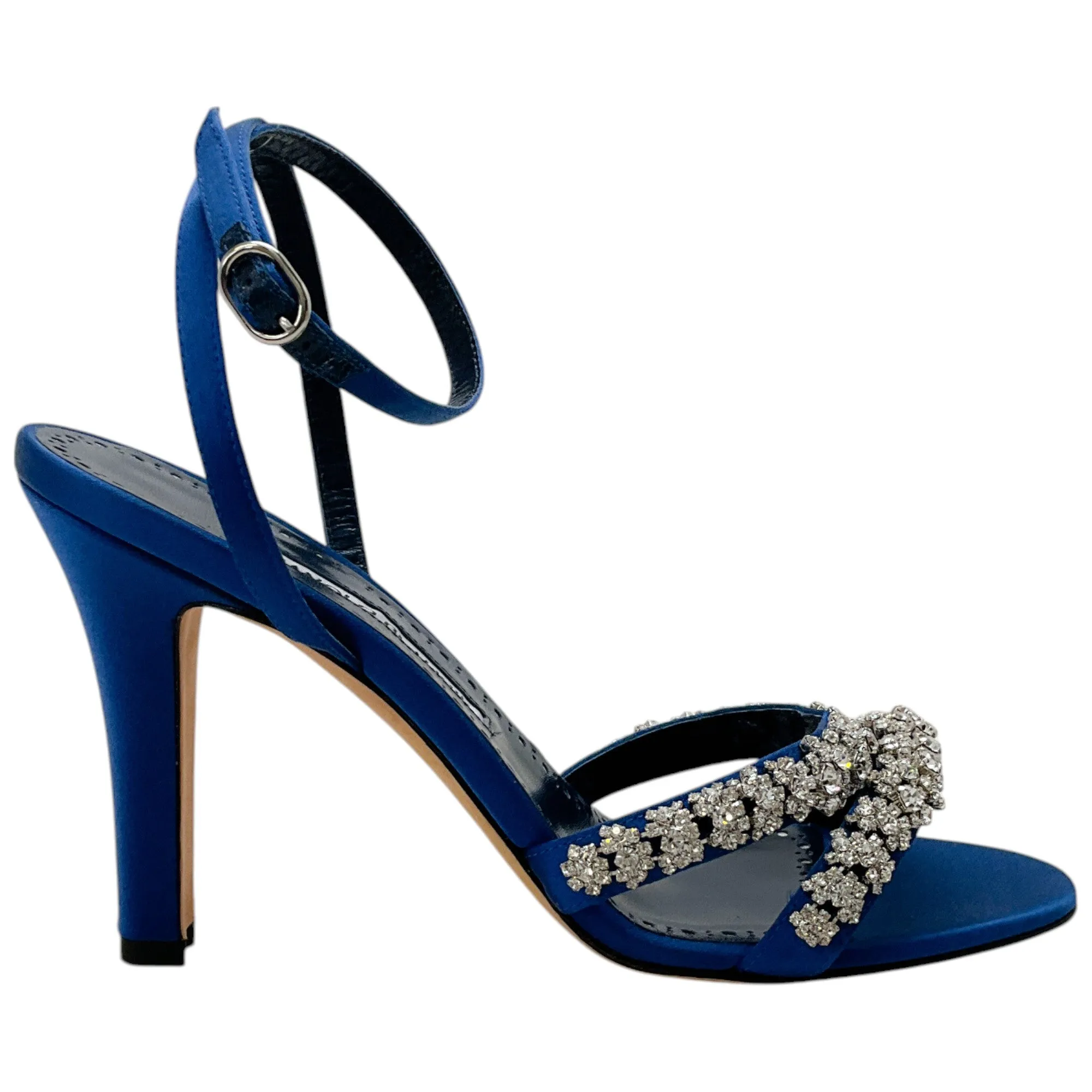 Manolo Blahnik Blue Satin Crystal Embellished Vedada Sandals