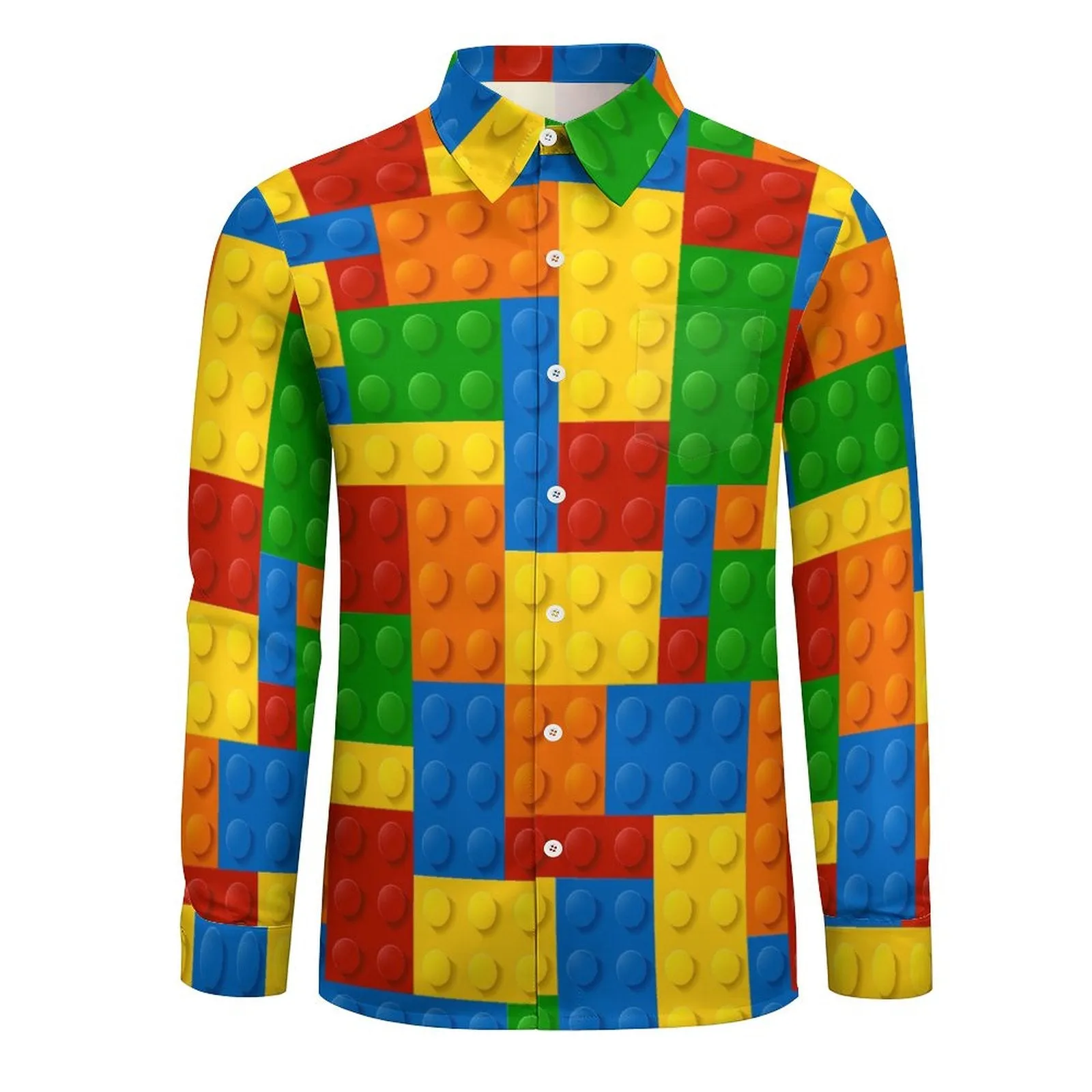 Men's Casual Building Block Art Printed Long Sleeve Shirt 2312000070