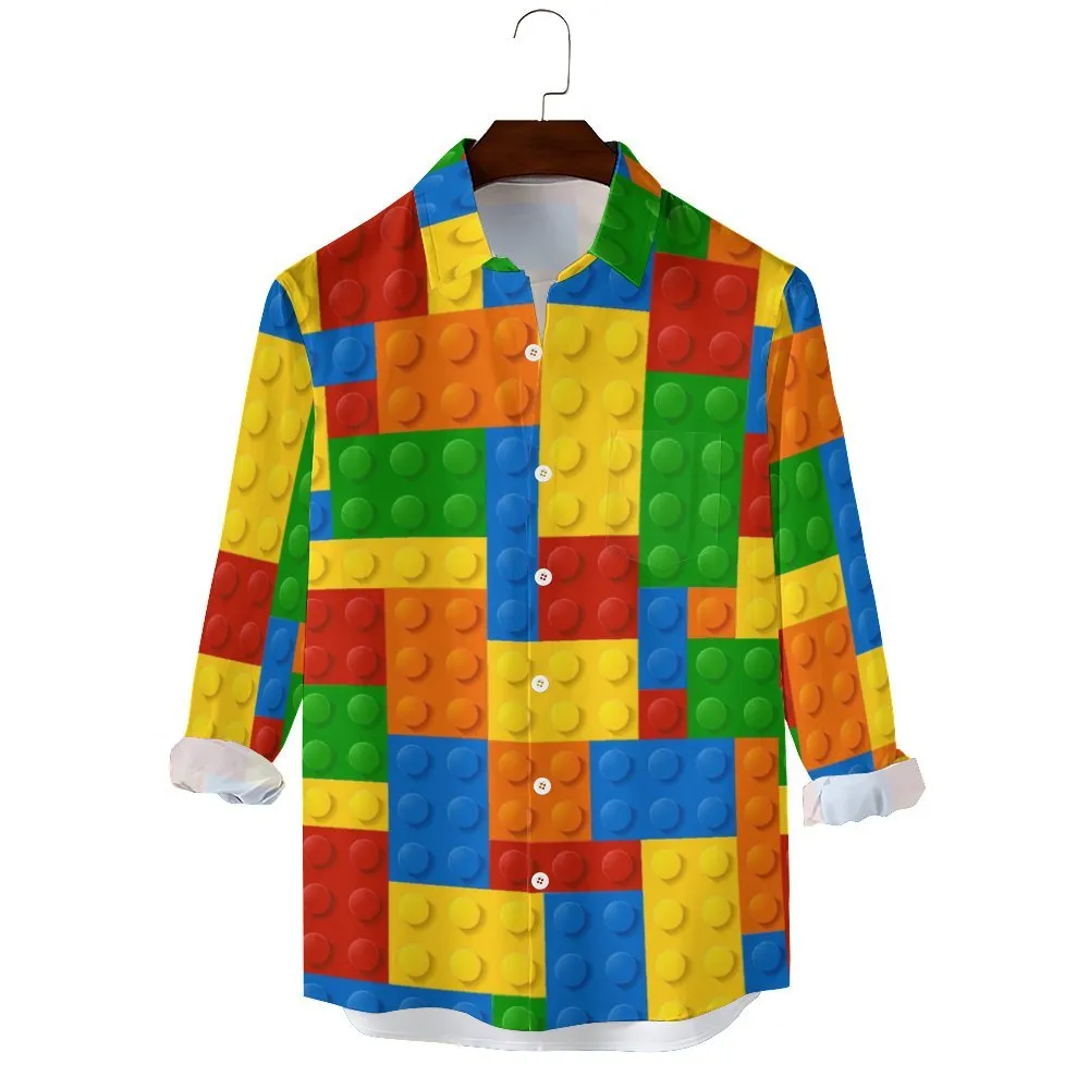 Men's Casual Building Block Art Printed Long Sleeve Shirt 2312000070