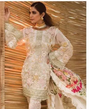 Multi-Thread Embroidered Pakistani Off white Chiffon Attire - C1669