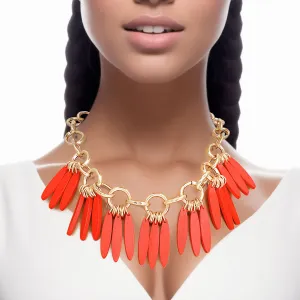 Necklace Tribal Red Wood Fringe